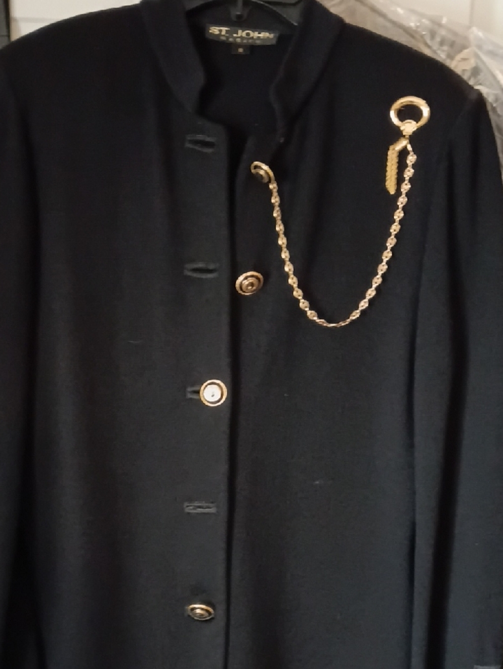 St. John Black Knit Suit, with Gold Chain Detail